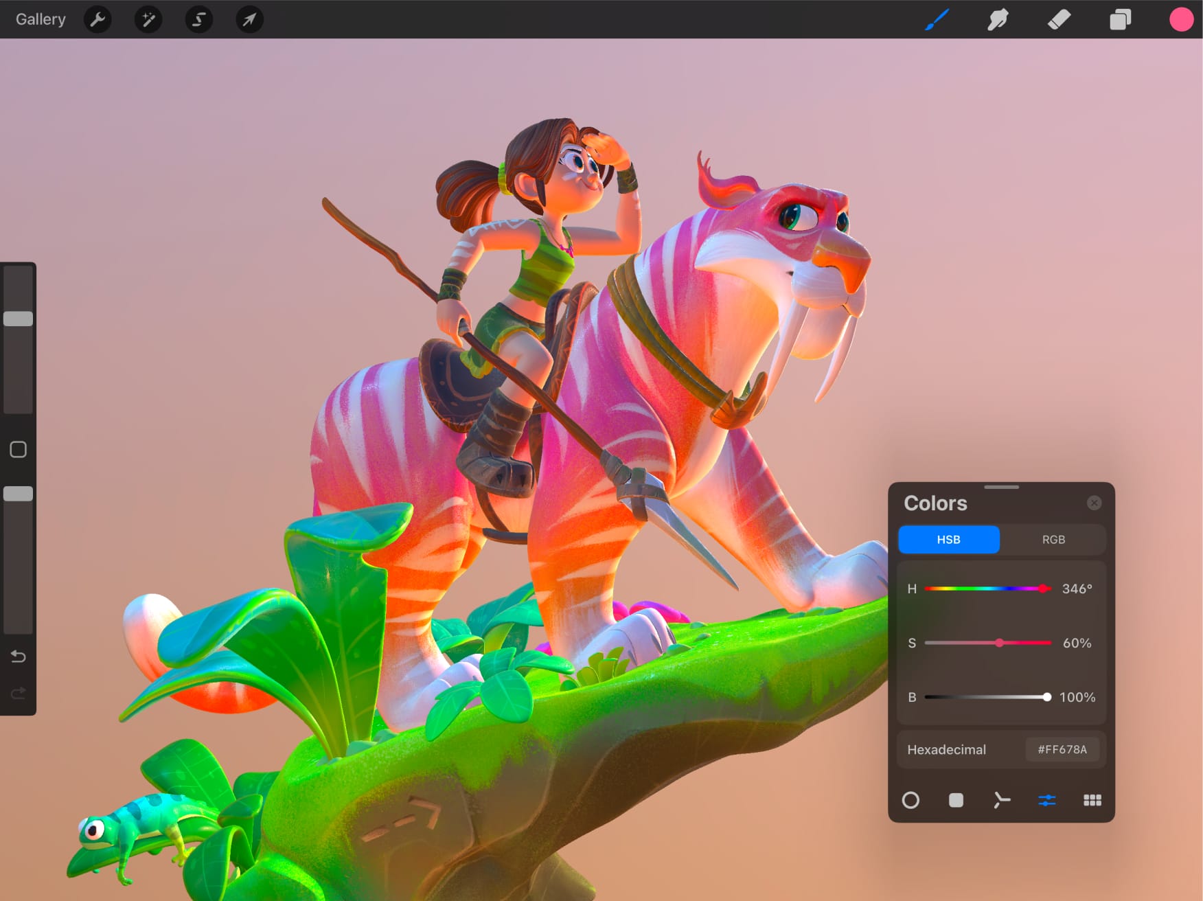 A bright 3D artwork of a girl riding a tiger and a colors menu open featuring hue saturation and brightness sliders and hexadecimal code input.