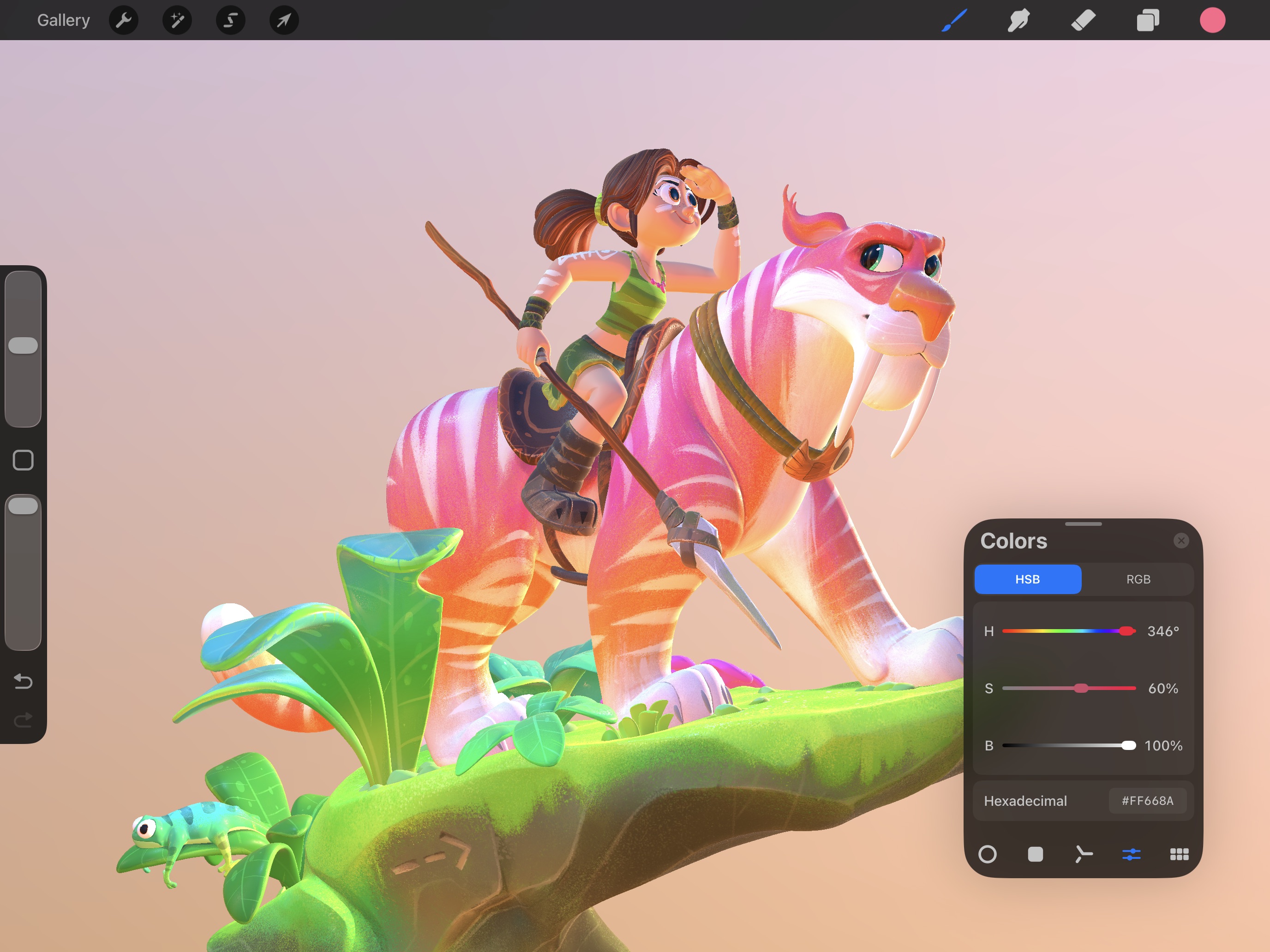 A bright 3D artwork of a girl riding a tiger and a colors menu open featuring hue saturation and brightness sliders and hexadecimal code input.