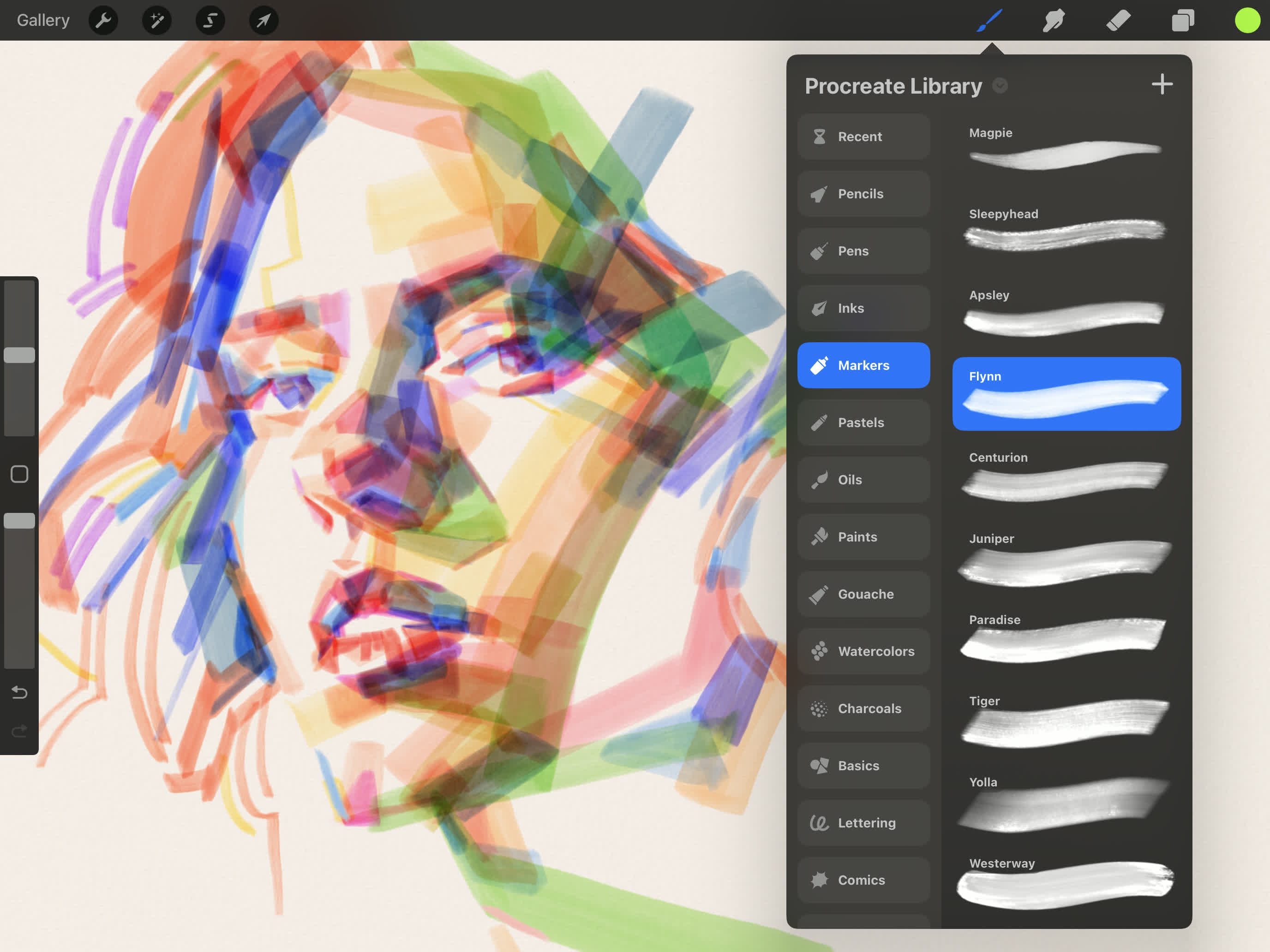 Procreate app in landscape showing wide range of brush sets and brushes, including pencils, oils, markers, and watercolors.