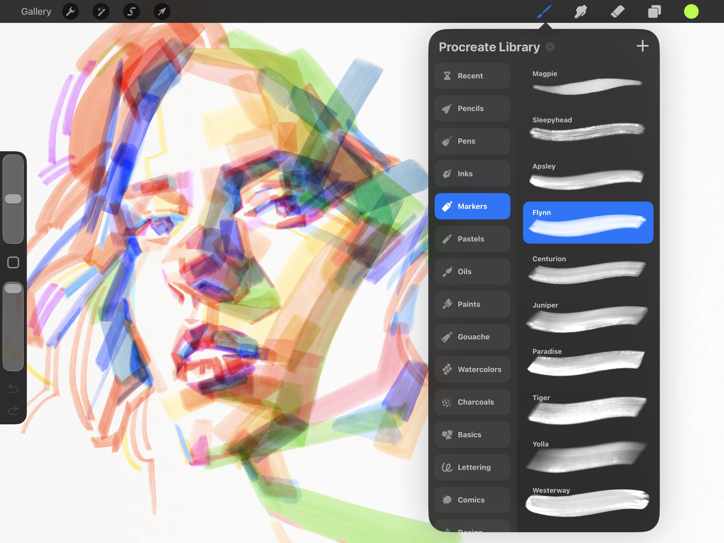 Procreate app in landscape showing wide range of brush sets and brushes, including pencils, oils, markers, and watercolors.