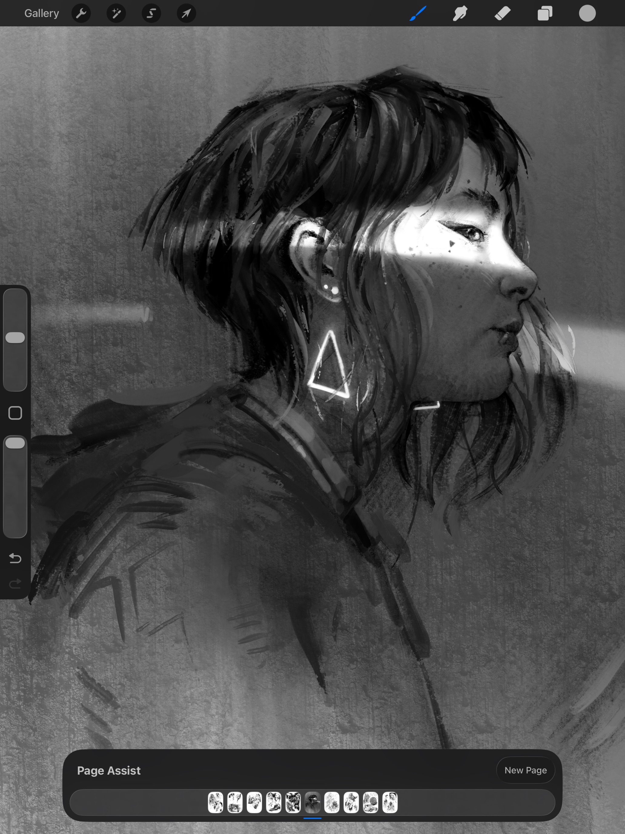 Procreate in Page Assist mode with a menu that enables a Procreate document to have multiple pages.
