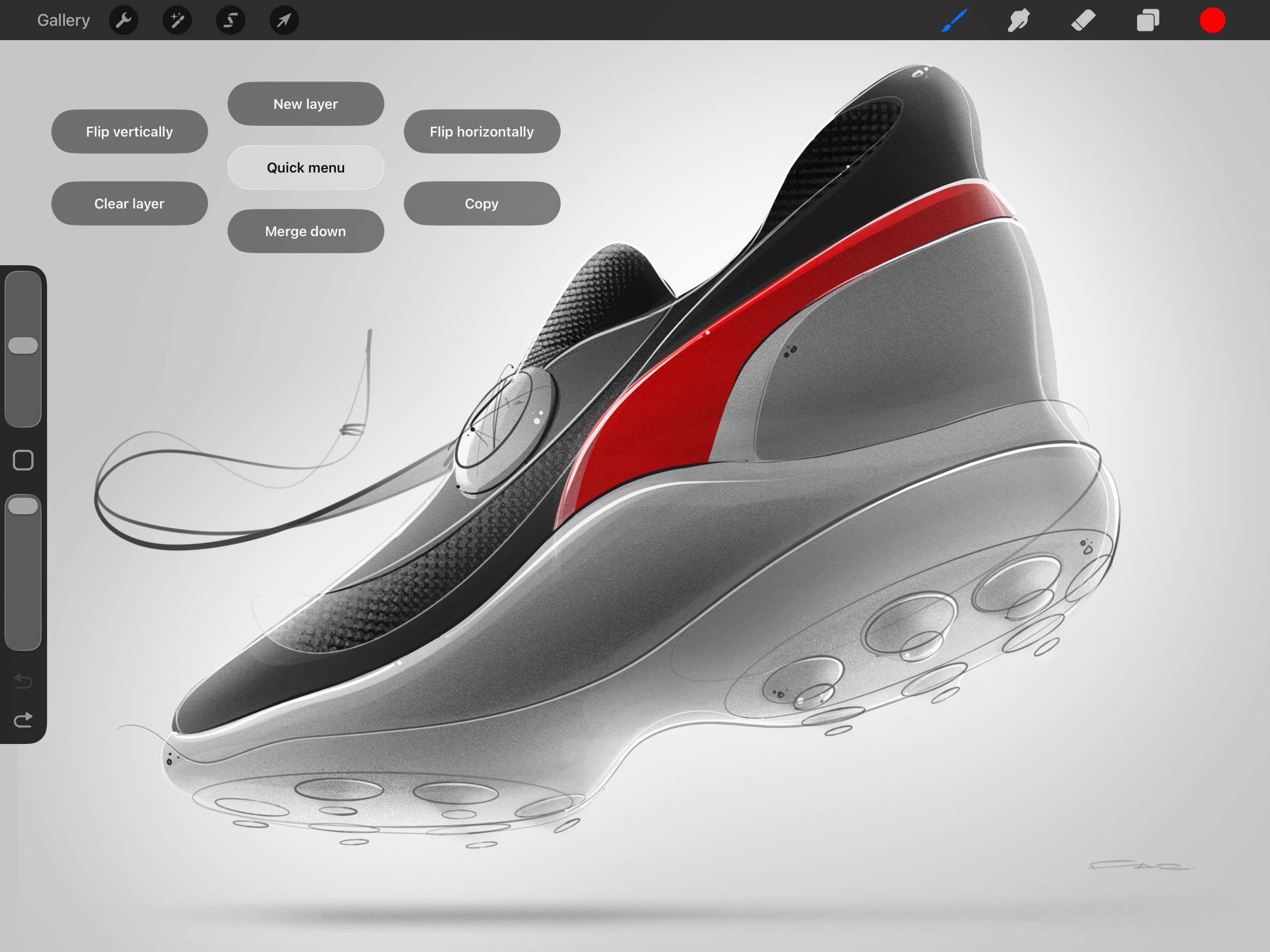 Procreate with a 3D artwork of a sports shoe and QuickMenu enabled with six customised shortcuts available.